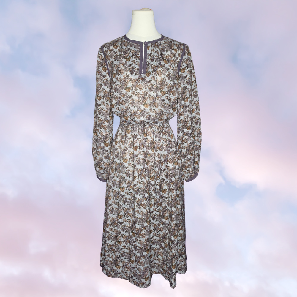 Vtg 50s Handmade Lavender and Blue Floral Sheer Balloon Sleeve Retro Midi Dress